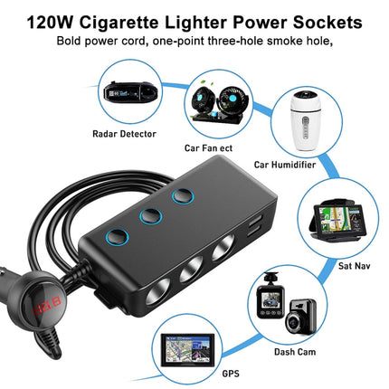 Car Cigarette Lighter Car Charger 3USB Port +1 QC3.0 + 3 Cigarette Lighter Ports + Back Clip Design + LED Display(HC67A)-garmade.com