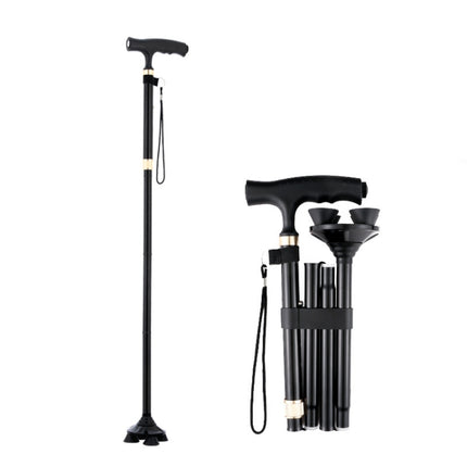 TBS-009 Four-Legged Folding Elderly Crutches Aluminum Alloy Light And Multifunctional Non-Slip Crutches With Light(Black)-garmade.com