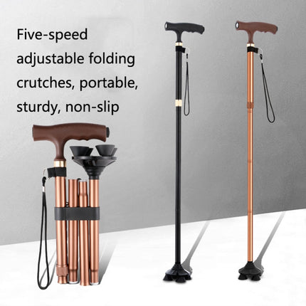 TBS-009 Four-Legged Folding Elderly Crutches Aluminum Alloy Light And Multifunctional Non-Slip Crutches With Light(Brown)-garmade.com
