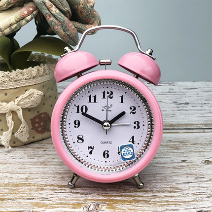2 PCS 3 Inch Metal Bell Alarm Clock With Night Light Student Bedside Fashion Clock(Pink)-garmade.com