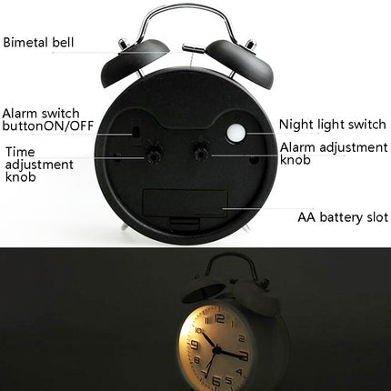 Metal Quality Mute Luminous Alarm Clock Classic Double Bell Clock(Yellow)-garmade.com