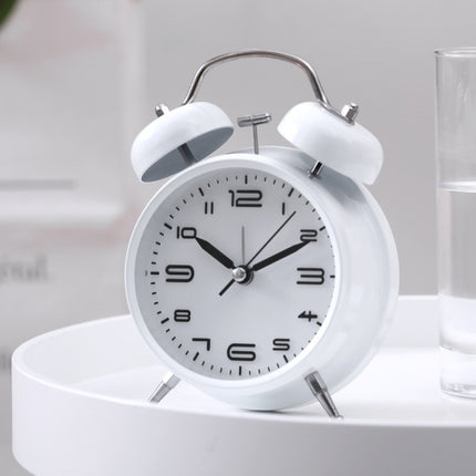 3304T Bedroom Bedside Multifunctional Bell Metal Alarm Clock With Night Light(White)-garmade.com