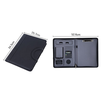 KC601 A4 Multifunctional Portable Folder Business Zipper Bag Leather Folder, Style: No Chargeable With Calculator No Memo Pad (Gray)-garmade.com
