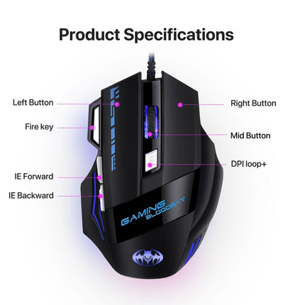 GAMING BLOODBAT GM02 7 Keys USB Wired Optoelectronics Game Mouse Digital Respiratory Lights Mouse-garmade.com