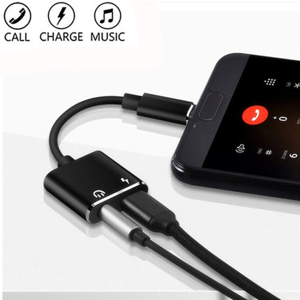 USB-C / Type-C to 3.5mm Aux + USB-C / Type C Earphone Adapter Charger Audio Cable(black)-garmade.com