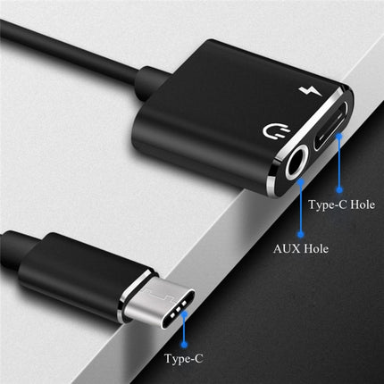 USB-C / Type-C to 3.5mm Aux + USB-C / Type C Earphone Adapter Charger Audio Cable(black)-garmade.com