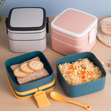 2 PCS Double-Layer Portable Microwave Oven Can Heat Lunch Box With Lid, Style： Square(Light Grey)-garmade.com