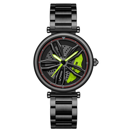 SANDA P1074 Cool Couple Steel Band Quartz Watch Wheel Series Dial Ladies Watch(Black Green)-garmade.com