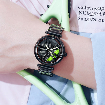 SANDA P1074 Cool Couple Steel Band Quartz Watch Wheel Series Dial Ladies Watch(Black Green)-garmade.com