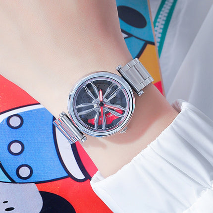 SANDA P1074 Cool Couple Steel Band Quartz Watch Wheel Series Dial Ladies Watch(Silver Red)-garmade.com