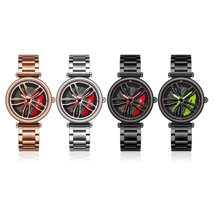 SANDA P1074 Cool Couple Steel Band Quartz Watch Wheel Series Dial Ladies Watch(Black Green)-garmade.com