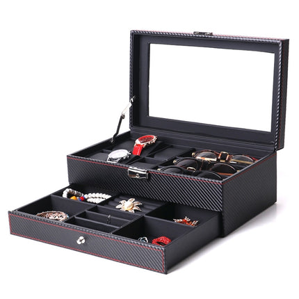 Carbon Fiber PU Leather Watch Box Jewelry Storage Box Packaging Box, Style: Double-layer-garmade.com