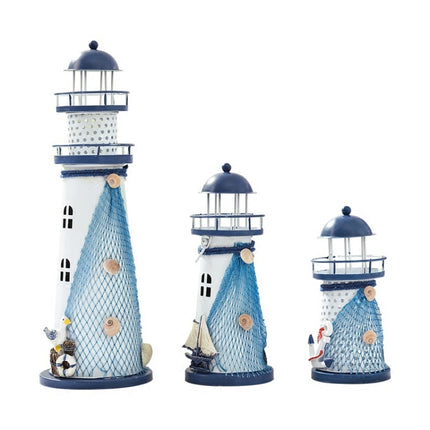 2 PCS Mediterranean Style Flashing Ocean Tin Lighthouse Home Decoration Crafts, Style Random Delivery M1221 Small 14cm-garmade.com