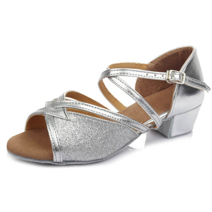 Tango Salsa Latin Low Heel Soft Bottom Dance Shoes for Girls & Women, Shoe Size:25(Silver)-garmade.com