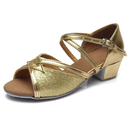 Tango Salsa Latin Low Heel Soft Bottom Dance Shoes for Girls & Women, Shoe Size:28(Gold)-garmade.com