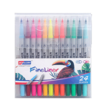 Skyglory Children Drawing Double-Headed Hook Line Pen Art Soft-Headed Watercolor Pen，Specification 24 Color Silver Pole-garmade.com