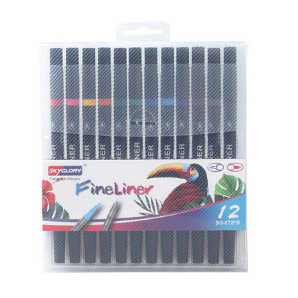 Skyglory Children Drawing Double-Headed Hook Line Pen Art Soft-Headed Watercolor Pen，Specification 12 Color Black Pole-garmade.com