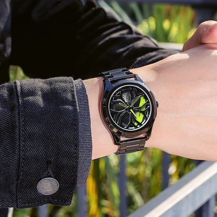 SANDA P1065 Wheel Series Casual Steel Band Quartz Watch For Men(Black Green)-garmade.com