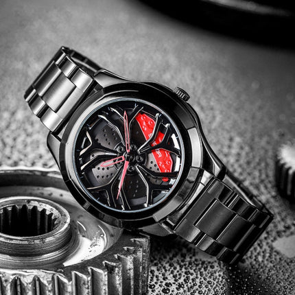 SANDA P1065 Wheel Series Casual Steel Band Quartz Watch For Men(Black Red)-garmade.com