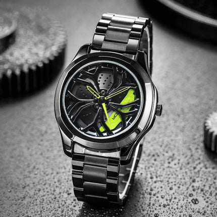 SANDA P1065 Wheel Series Casual Steel Band Quartz Watch For Men(Black Green)-garmade.com