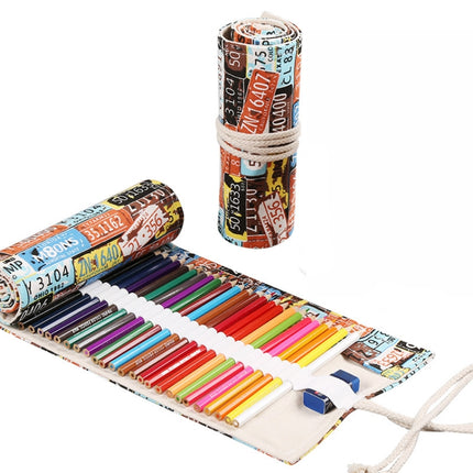 2 PCS 24 Holes Handmade Canvas Pen Curtain Large-Capacity Pencil Case For Boys And Girls Color Pencil Sketch Stationery Box(License Plate)-garmade.com