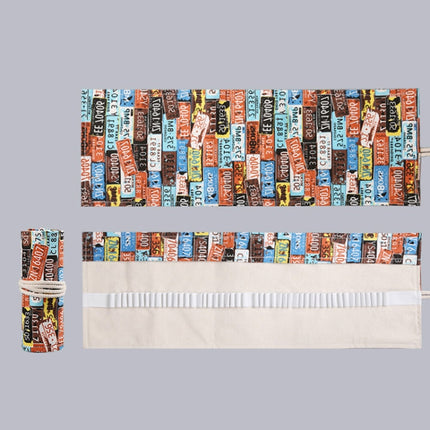 2 PCS 24 Holes Handmade Canvas Pen Curtain Large-Capacity Pencil Case For Boys And Girls Color Pencil Sketch Stationery Box(License Plate)-garmade.com