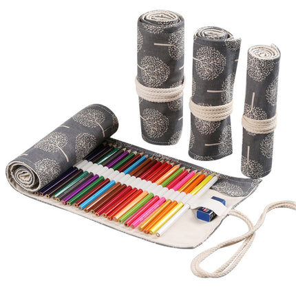 72 Holes Handmade Canvas Pen Curtain Large-Capacity Pencil Case For Boys And Girls Color Pencil Sketch Stationery Box(Black And White Tree)-garmade.com