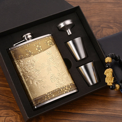 Portable Stainless Steel Hip Flask Set With Wine Glass Funnel, Style: 8OZ Yellow Floral Pattern Core-garmade.com