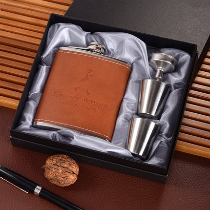 Portable Stainless Steel Hip Flask Set With Wine Glass Funnel, Style: 7OZ Yellow Leather Jack Old Man Gray-garmade.com