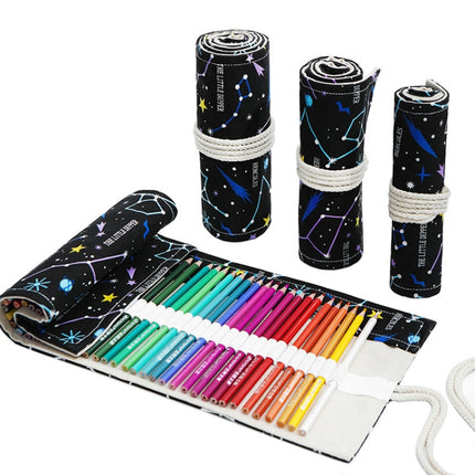 2 PCS 12 Holes Night Sky Sketch Color Pencil Bag Students Large-Capacity Canvas Pen Curtain Roll Pen Bag-garmade.com