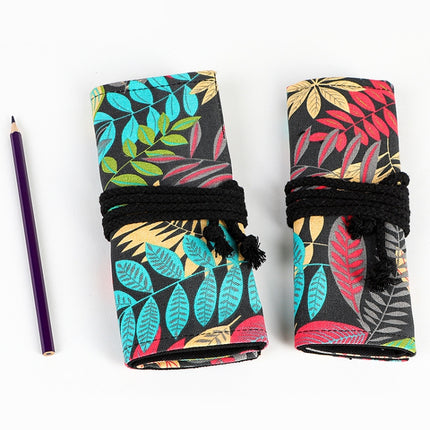 2 PCS 48 Holes Fallen Leaves Printed Canvula Pen Curtain Large Capacity Sketch Color Pencil Roll Pen Bag-garmade.com