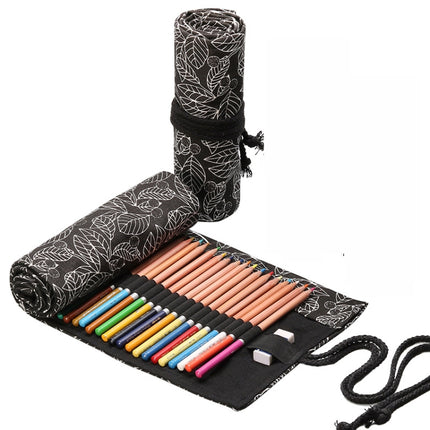 2 PCS 36 Holes Black Leaf Canvas Printing Pen Curtain Large Capacity Roll Pen Bag Sketch Color Lead Pen Bag-garmade.com