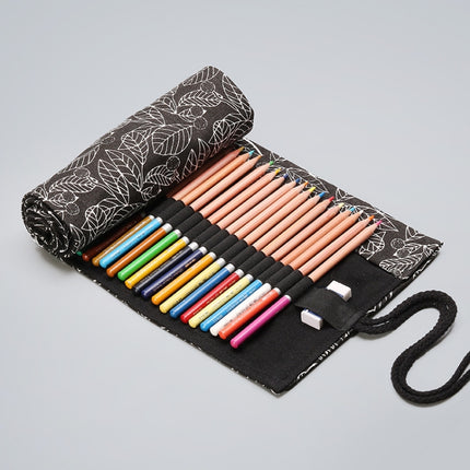 2 PCS 36 Holes Black Leaf Canvas Printing Pen Curtain Large Capacity Roll Pen Bag Sketch Color Lead Pen Bag-garmade.com