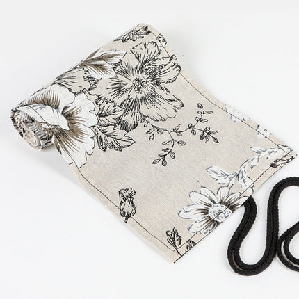 2 PCS 12 Holes Black Peony Printer Canvas Pen Curtain Large Capacity Roller Pen Bag Sketch Color Pencil Stationery Box-garmade.com