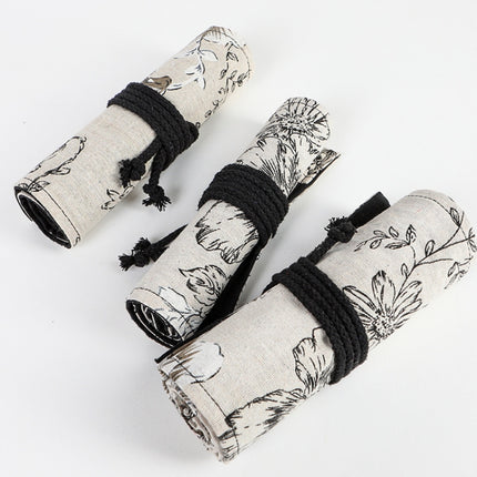 2 PCS 24 Holes Black Peony Printer Canvas Pen Curtain Large Capacity Roller Pen Bag Sketch Color Pencil Stationery Box-garmade.com