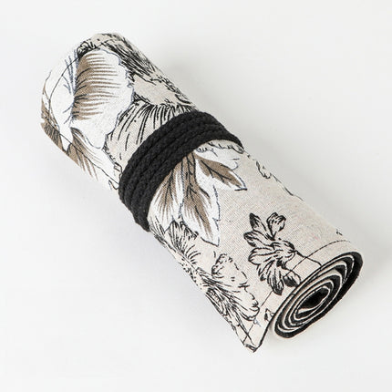 72 Holes Black Peony Printer Canvas Pen Curtain Large Capacity Roller Pen Bag Sketch Color Pencil Stationery Box-garmade.com