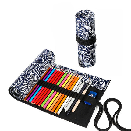 2 PCS 24 Holes Small Waves Printed Canvas Pen Curtain Large Capacity Roller Pen Bag Sketch Color Pencil Stationery Box-garmade.com