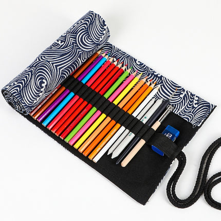 2 PCS 24 Holes Small Waves Printed Canvas Pen Curtain Large Capacity Roller Pen Bag Sketch Color Pencil Stationery Box-garmade.com