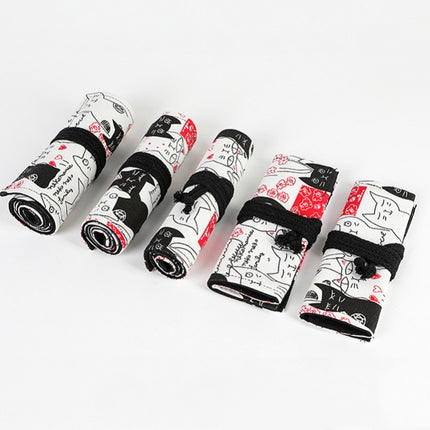 2 PCS 12 Holes Couple Cat Printed Canvas Pen Curtain Large Capacity Roller Pen Bag Sketch Color Pencil Bag-garmade.com