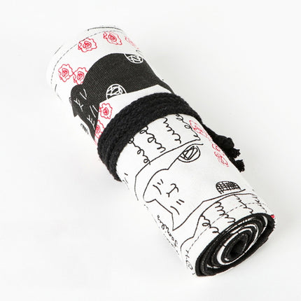 2 PCS 36 Holes Couple Cat Printed Canvas Pen Curtain Large Capacity Roller Pen Bag Sketch Color Pencil Bag-garmade.com