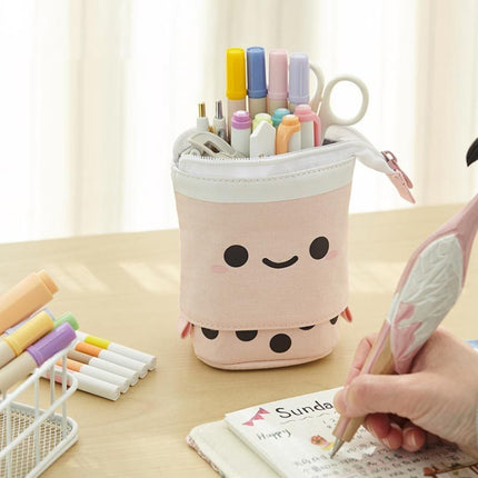 ANGOO Cute Girl Heart Multifunctional Pen Holder Stationery Retractable Storage Bag(Pink (Canvas + PU))-garmade.com