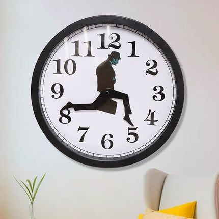 Walking Clock Businessman Briefcase Glass Wall Clock Personality Clock Decoration Round Clock(Black)-garmade.com