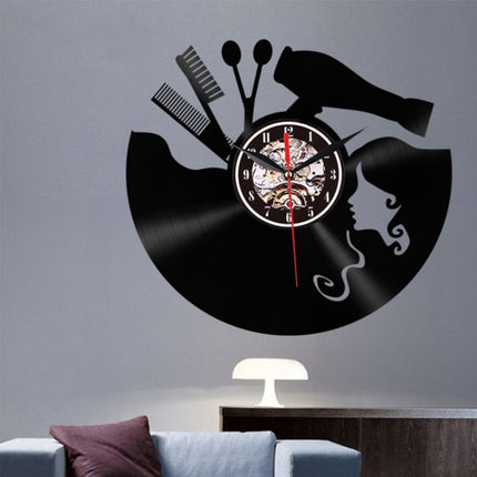 12 Inch Vinyl Record Wall Clock Haircut Girl 3D Retro Clock Living Room Decoration Quartz Wall Clock,Style: Without Light-garmade.com