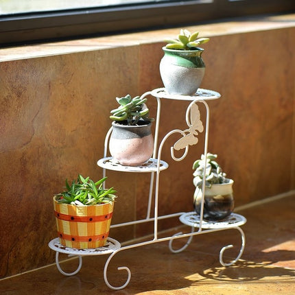 Mini Wrought Iron Multi-function Flower Pot Flower Stand for Office Desktop Sill Balcony(White)-garmade.com