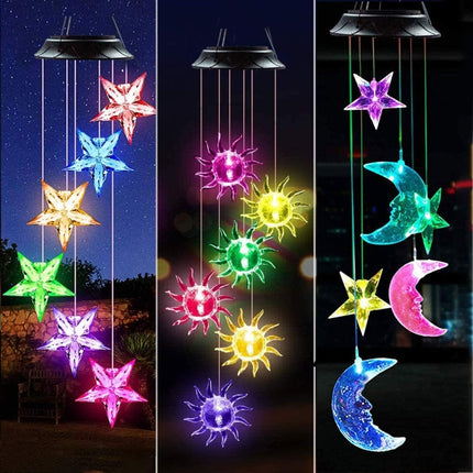 Outdoor Colorful LED Solar Wind Chime Light Garden Park Decorative Waterproof Light(Black Shell Star Moon)-garmade.com