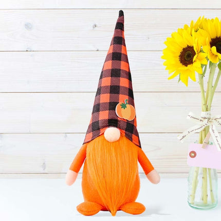 Pumpkin Maple Leaf No Face Standing Doll Decoration Shopping Mall Home Thanksgiving Halloween Decoration(Plaid Hat)-garmade.com