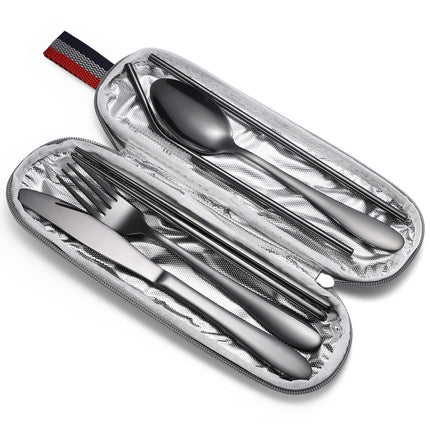 7 in 1 Cutlery Spoon Chopsticks And Straw Set Stainless Steel Portable Cutlery Set, Specification: Silver + Light Bag-garmade.com