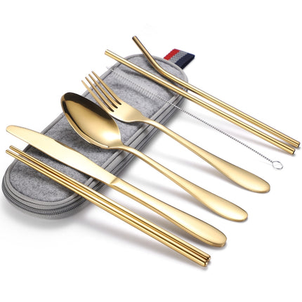 7 in 1 Cutlery Spoon Chopsticks And Straw Set Stainless Steel Portable Cutlery Set, Specification: Gold+ Light Bag-garmade.com