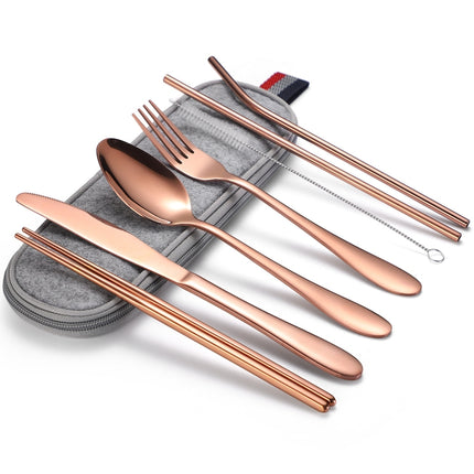 7 in 1 Cutlery Spoon Chopsticks And Straw Set Stainless Steel Portable Cutlery Set, Specification: Rose+ Light Bag-garmade.com