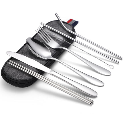 7 in 1 Cutlery Spoon Chopsticks And Straw Set Stainless Steel Portable Cutlery Set, Specification: Silver + Deep Bag-garmade.com